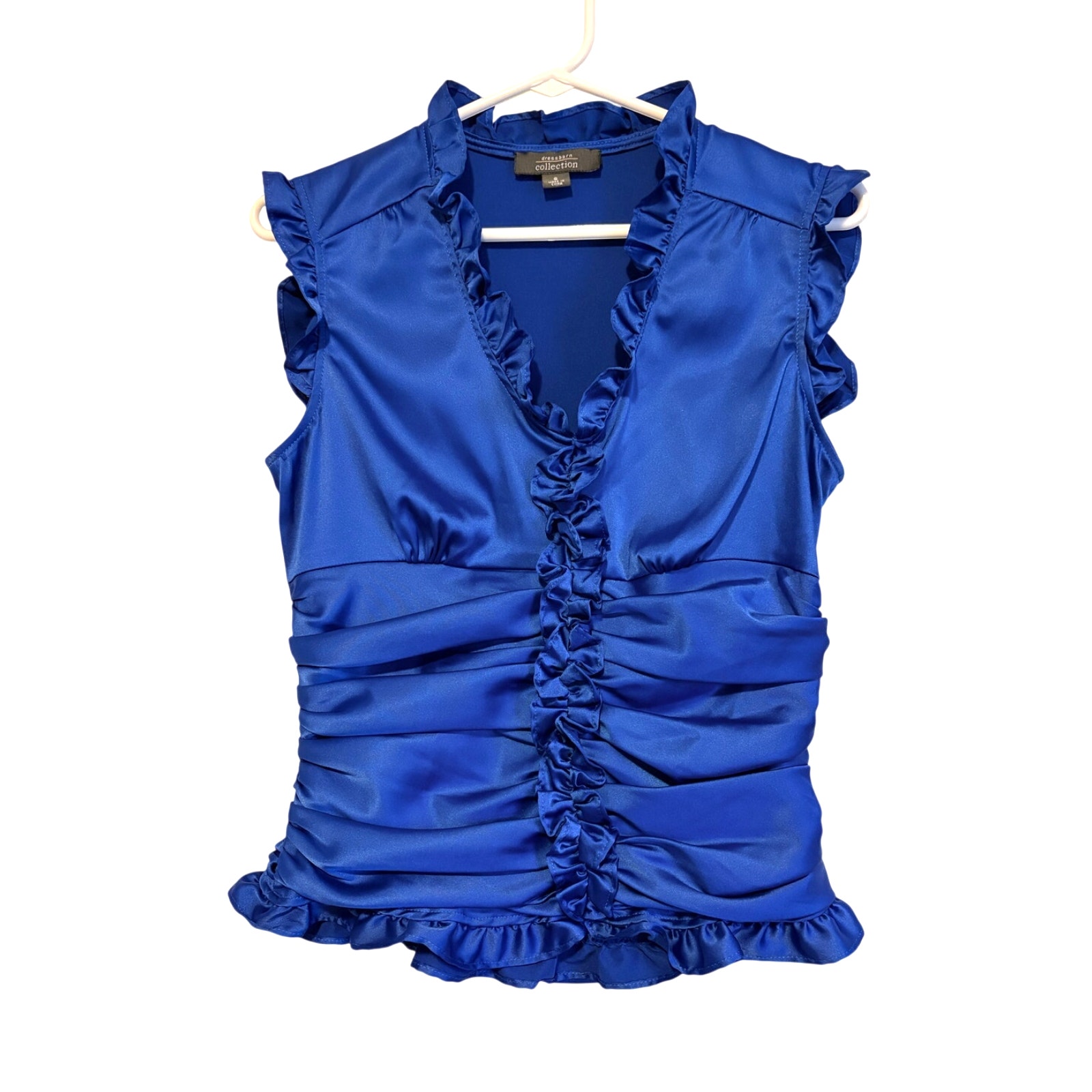 Dressbarn Collection Blue Satin Sleeveless Ruffle Blouse Ruched 6 Regency Y2k